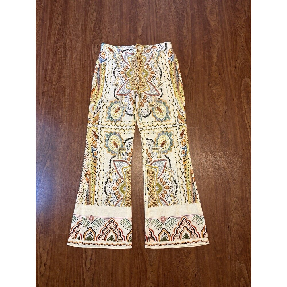 Zara Linen Floral Wide Leg Palazzo Pants Boho Paisley Geometric Resort Womens XS